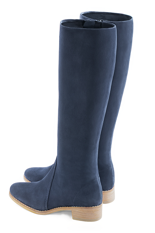 Denim blue women's riding knee-high boots. Round toe. Low leather soles. Made to measure. Rear view - Florence KOOIJMAN